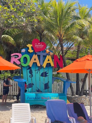 Placa com tema de praia para o Paradise Beach Hotel, com design tropical, incluindo palmeiras e criaturas marinhas.
