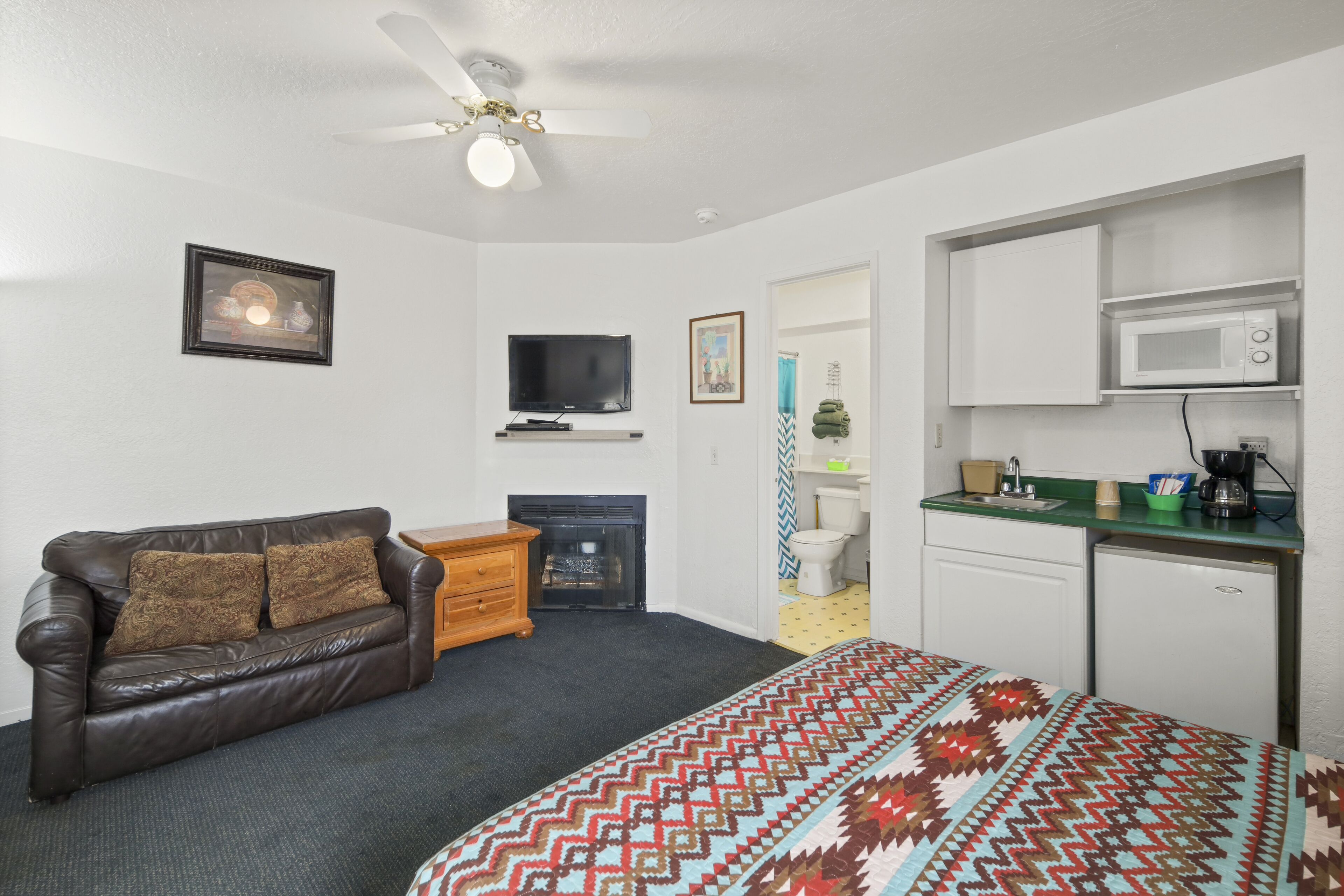 A compact room with a sofa, a television, a fireplace, a bed, and a kitchenette.
