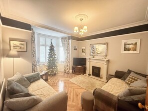 Smart TV, fireplace, books