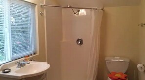 Regadera, jabón, shampoo, papel de baño 