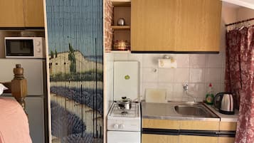 Fridge, microwave, coffee/tea maker, electric kettle