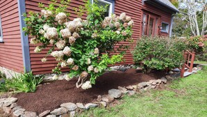 Ein Haus mit einem Blumenbeet, einem kleinen Baum und einem Holzzaun.