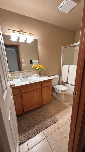 Bathtub, hair dryer, towels, soap