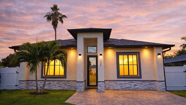 A modern two-story house with a stone facade, a central entrance, and two large windows on the ground floor. - Spacious 6bdr/5bath Vacation Home 1 mi to beach (Naples)