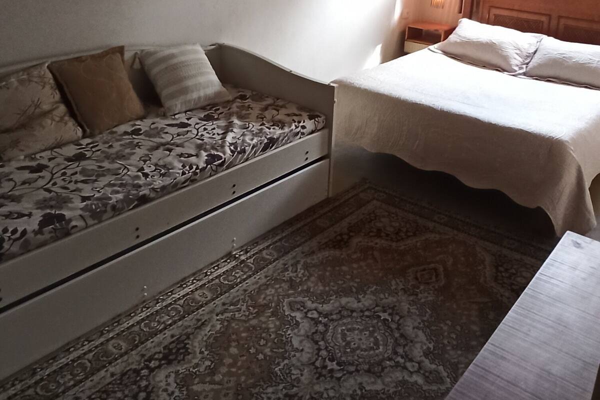 Una habitación con una cama, un sofá, una alfombra y una mesa de madera.