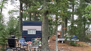 A small cabin with a window and a door, surrounded by trees and outdoor furniture.