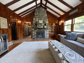 Smart TV, fireplace, books