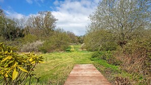 A wooden pathway leading through a natural landscape with trees and shrubs. - Gorgeous apartment in Gudhjem with WiFi (Gudhjem)