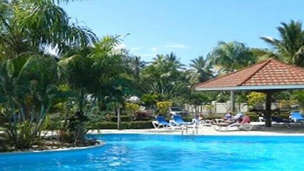 A clear blue pool surrounded by palm trees and a covered pavilion with lounge chairs.