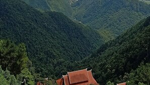 Una vista panoramica di una valle con dolci colline ricoperte da una fitta vegetazione, un piccolo insediamento e montagne in lontananza.