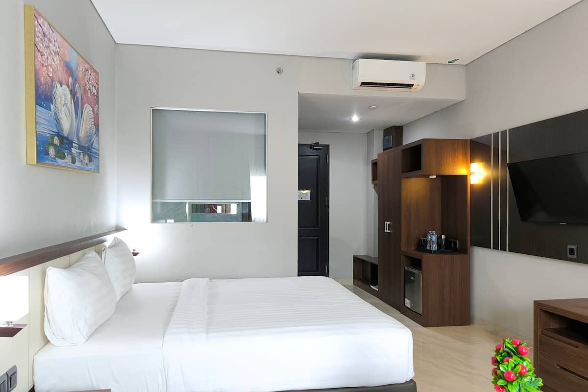 A hotel room with a bed, a TV, a wardrobe, and a small plant.