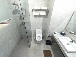 A modern bathroom with a glass-enclosed shower, a white toilet, a sink, and a towel rack.
