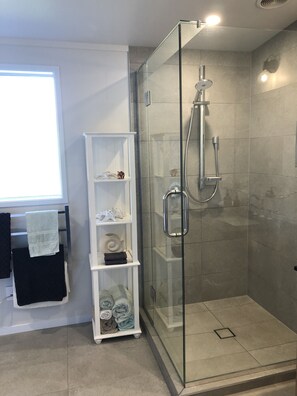 Bathtub, hair dryer, towels, soap