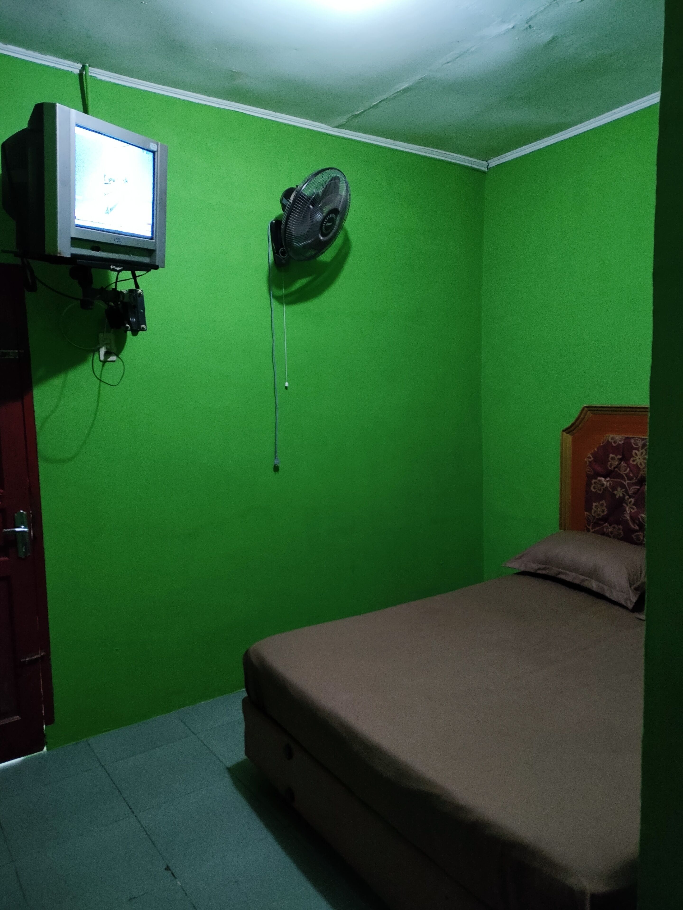 A room with green walls, a bed, a TV mounted on the wall, and a fan.