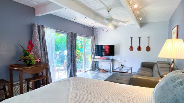A spacious bedroom with a large bed, a TV, a sofa, and a desk.
