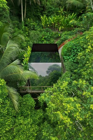 A glasshouse structure surrounded by dense tropical foliage. - KClub Ubud (Tegallalang)