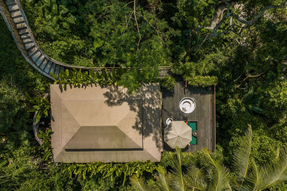 An aerial view of a rooftop pool area surrounded by lush greenery, with a wooden staircase leading up to it.