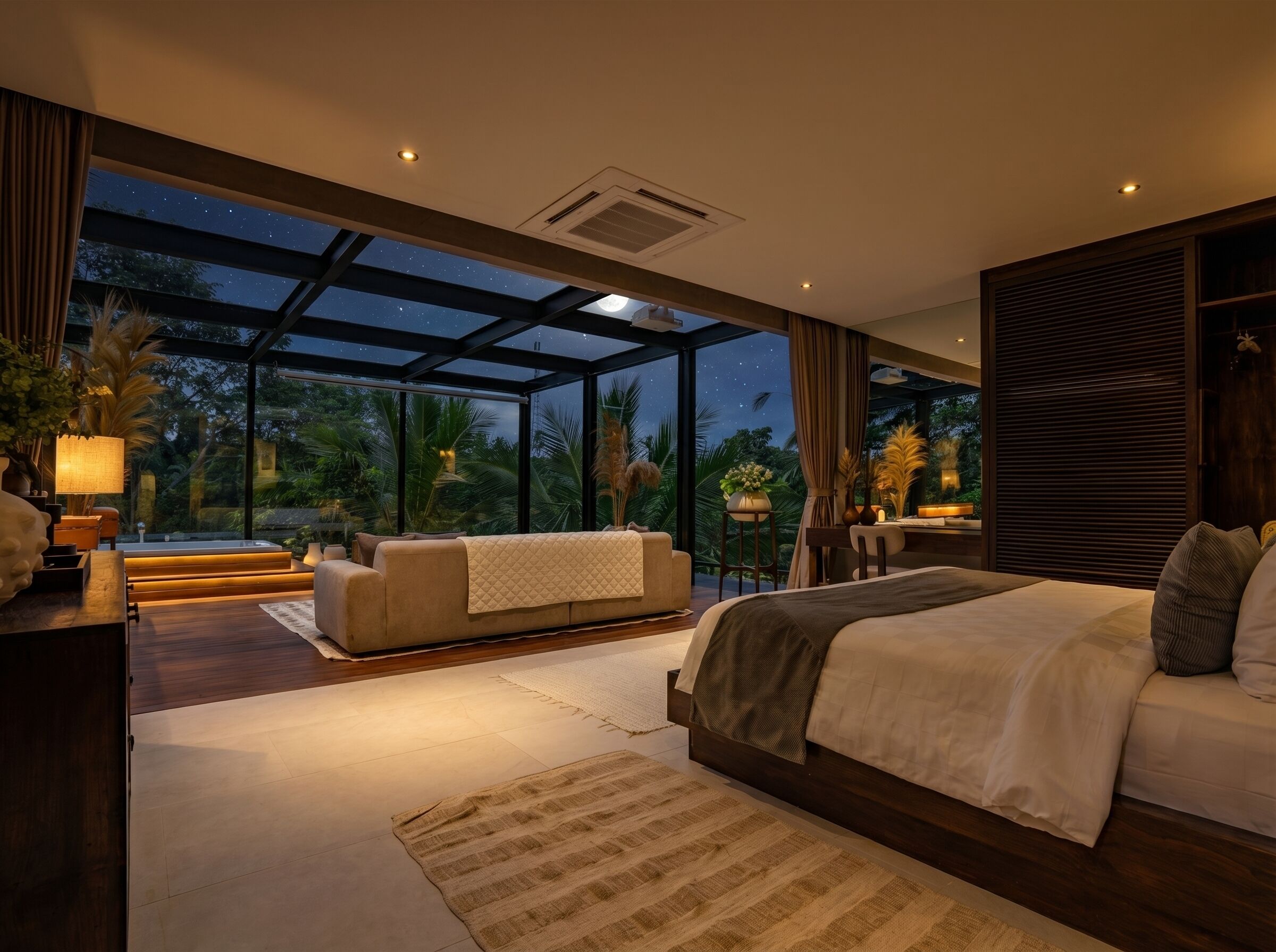 A modern bedroom with a large window, a bed, a sofa, and a desk area.