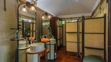 Separate tub and shower, hydromassage showerhead, free toiletries