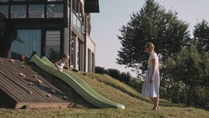 A modern building with large windows and a green slide. - Holiday House Podhamer Boris With Private Wellness (Ljutomer)