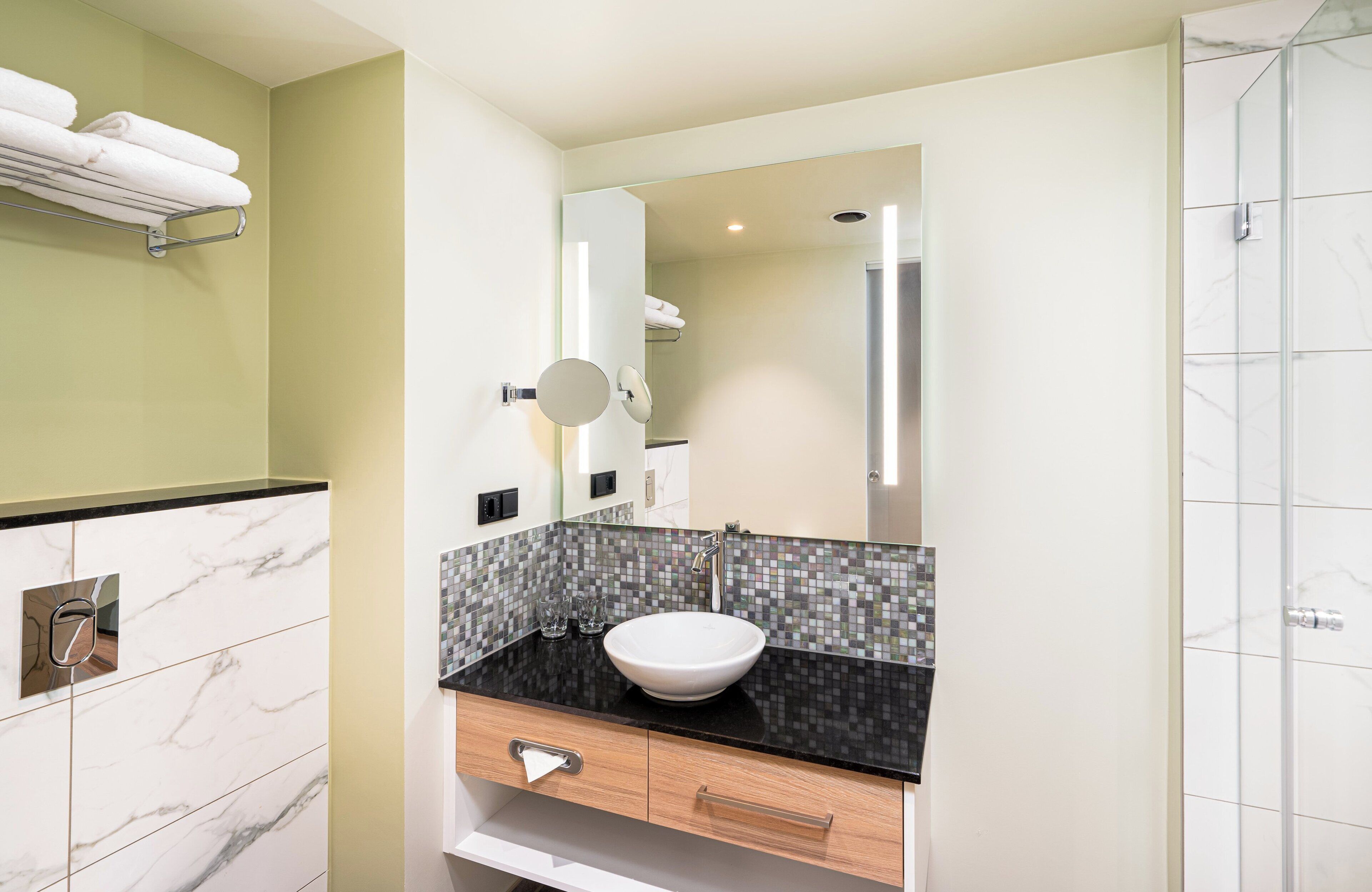 comfort room | bathroom | shower, hair dryer, towels