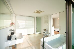 Duschwanne, Haartrockner, Handtücher, Seife