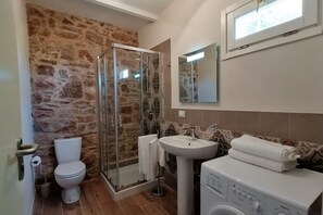 Shower, hair dryer, bidet, towels