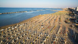 A beach with rows of sunbeds and umbrellas, a clear sky, and calm sea. - Hotel Villa dei Fiori (Rimini)