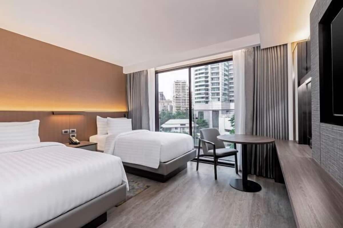In-room safe, desk, laptop workspace, blackout curtains