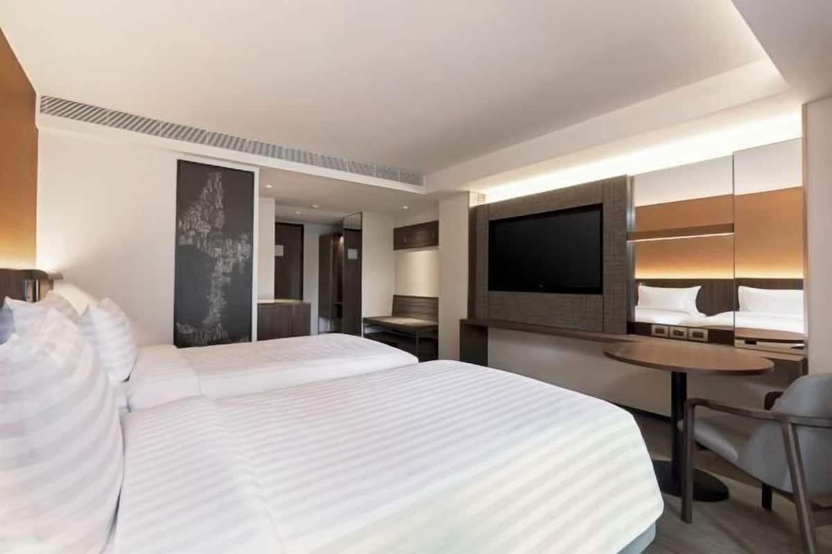 In-room safe, desk, laptop workspace, blackout curtains