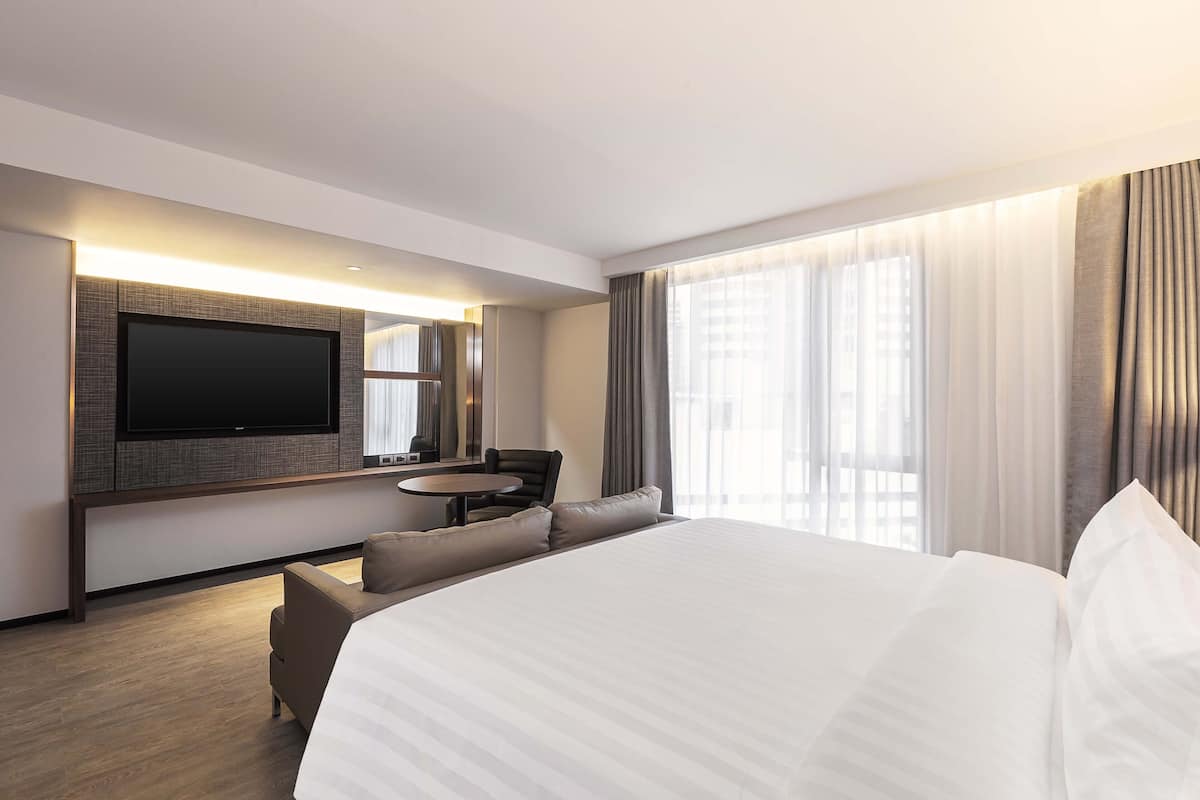 In-room safe, desk, laptop workspace, blackout curtains