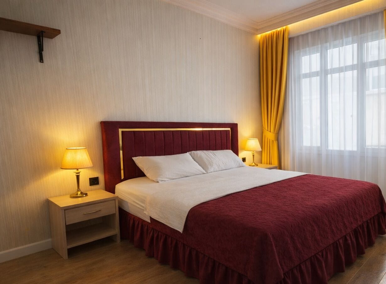 Hypo-allergenic bedding, desk, laptop workspace, blackout drapes