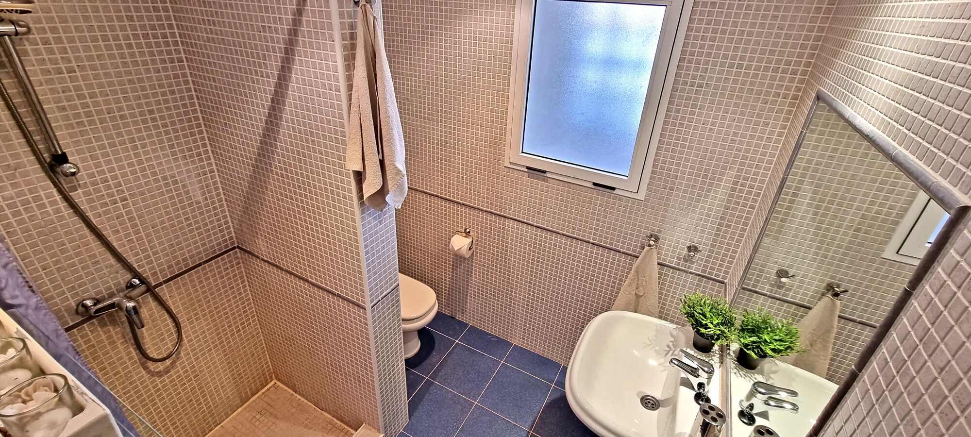 Une petite salle de bain avec une douche, des toilettes et un lavabo.