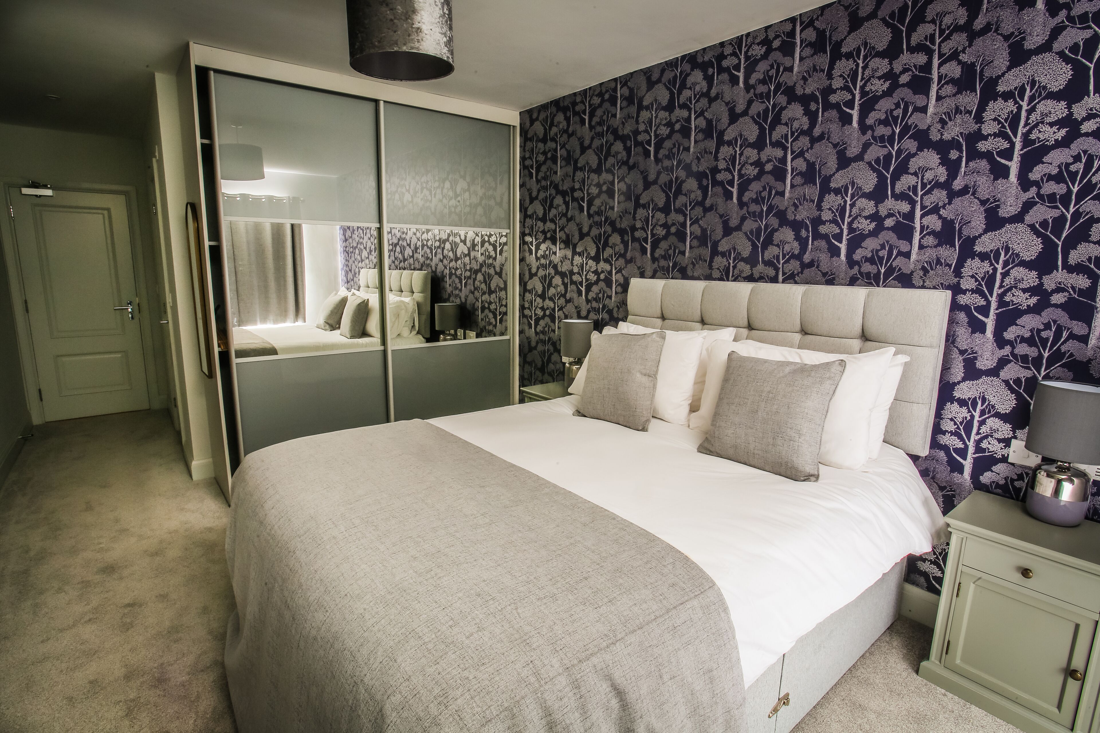 Desk, laptop workspace, blackout curtains, iron/ironing board