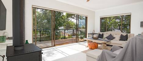 Smart TV, fireplace, books, stereo