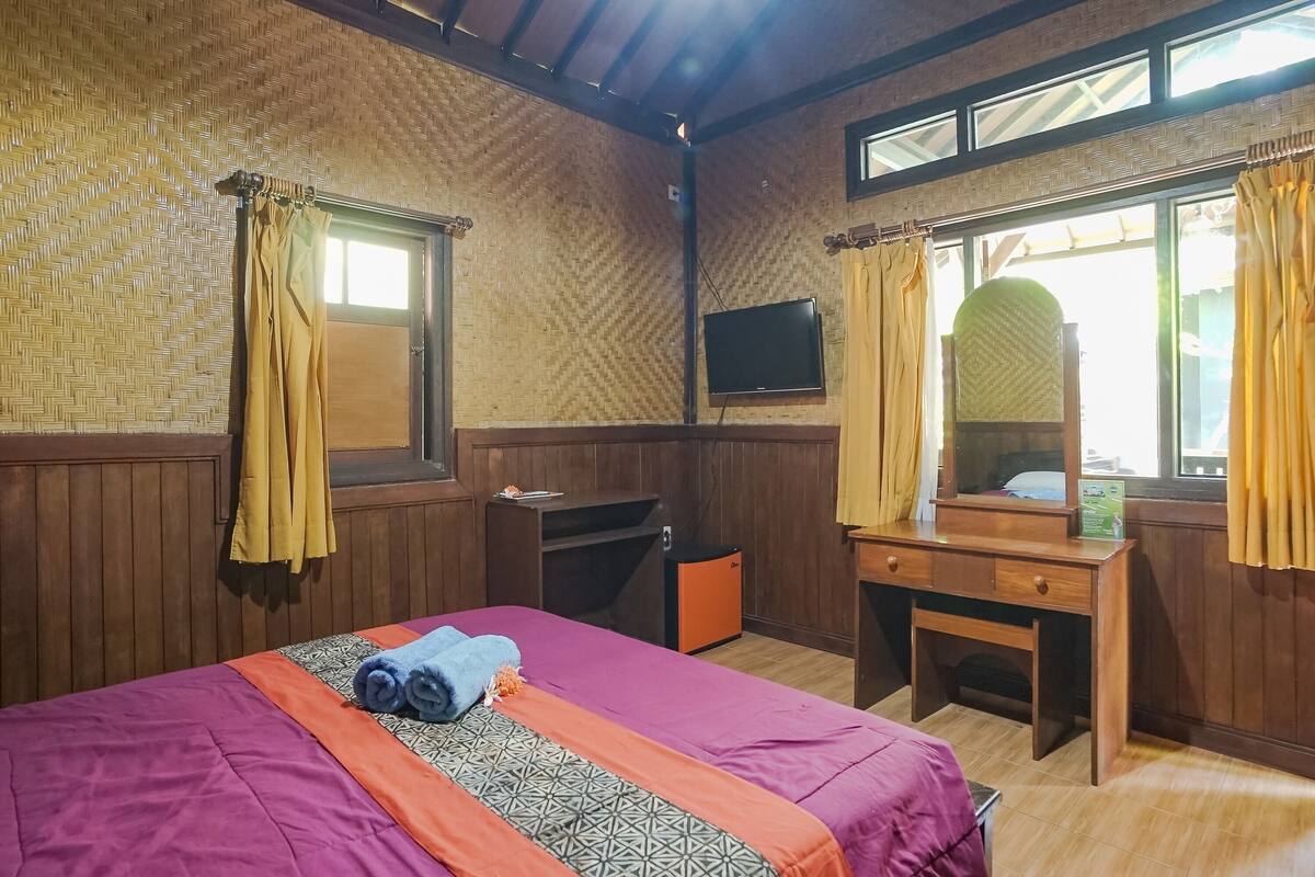 A room with a bed, a desk, a television, and a window with curtains.