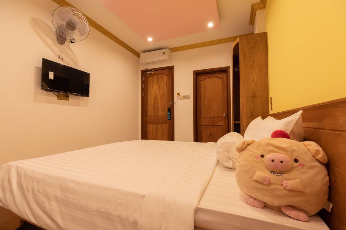A hotel room with a bed, a TV, an air conditioner, and a large pig-shaped pillow.
