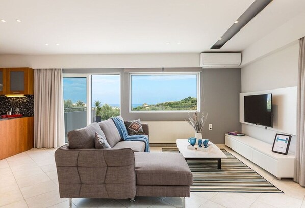 TV connectée, cheminée, livres, espaces bureaux