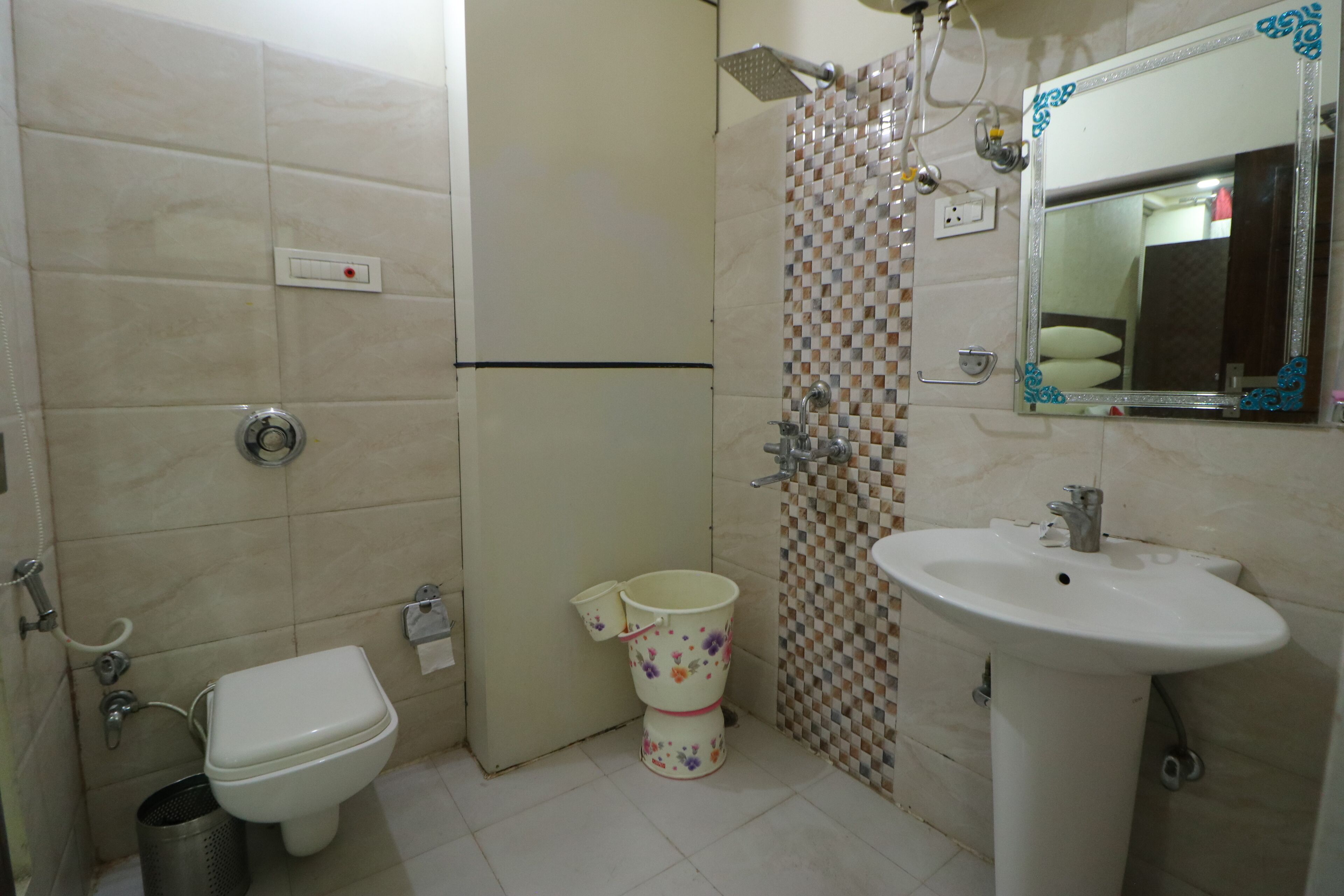 shower, bathrobes, slippers, towels