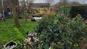 Un jardín con un estanque, una fuente para pájaros y una mesa de metal.