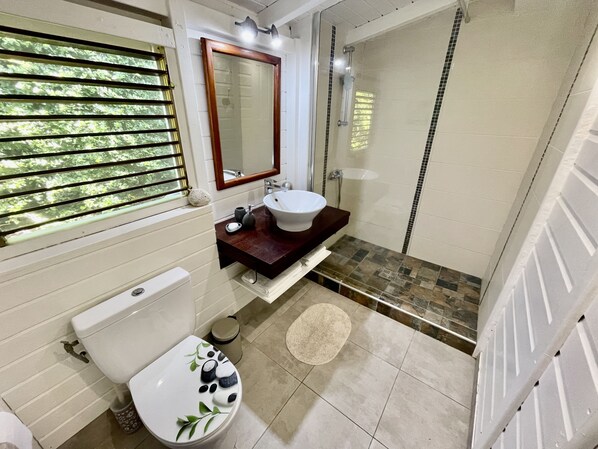 Un baño con inodoro, lavamanos y ducha.