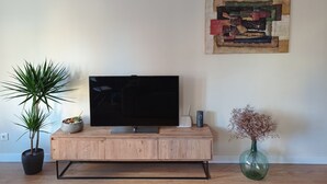 A modern living room with a flat-screen TV on a wooden console, a potted plant, a vase with dried flowers, and a piece of abstract art on the wall. - URDAIHOME APARTMENT (Gernika-Lumo)