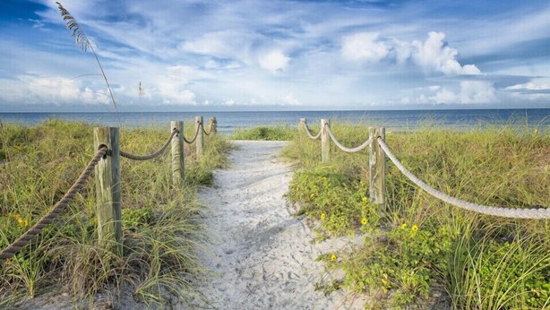 A sandy pathway leading to the beach, surrounded by grass and wooden posts with ropes. - Serene Resort-style Villa minutes to Siesta Key, in popular Village des Pins (Sarasota)