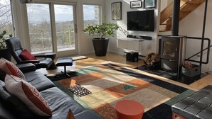Ett modernt vardagsrum med en soffa, ett soffbord, en tv, en öppen spis och stora fönster.