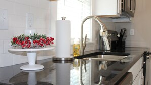 Cocina con pileta de acero inoxidable, encimera blanca y planta decorativa con bayas rojas.