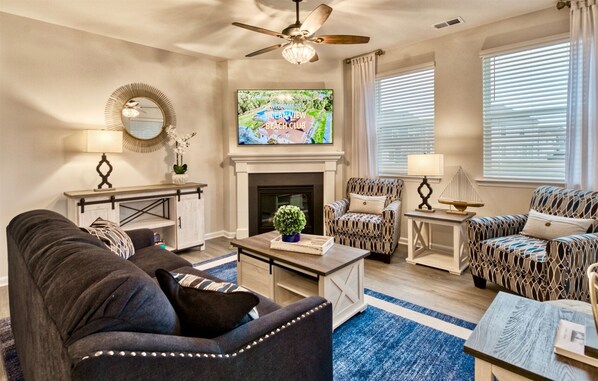 Smart TV, fireplace, foosball, computer monitors