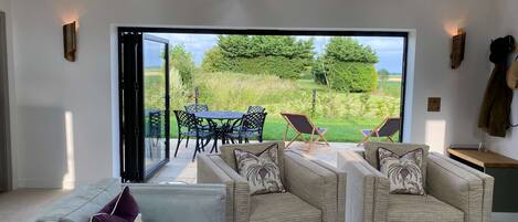 TV connectée, cheminée, livres