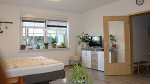 Moderni hotellihuone, jossa on sänky, televisio, pieni keittiö ja suuri ikkuna, jonka edessä on ruukkukasveja.
