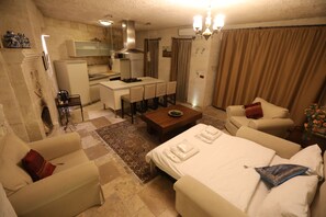 アパートメント | リビング エリア | 40 インチのLED テレビ (衛星放送視聴可)、テレビ、暖炉