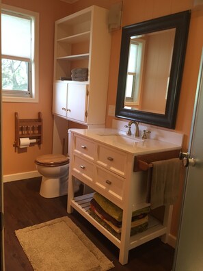 Shower, hair dryer, towels, toilet paper